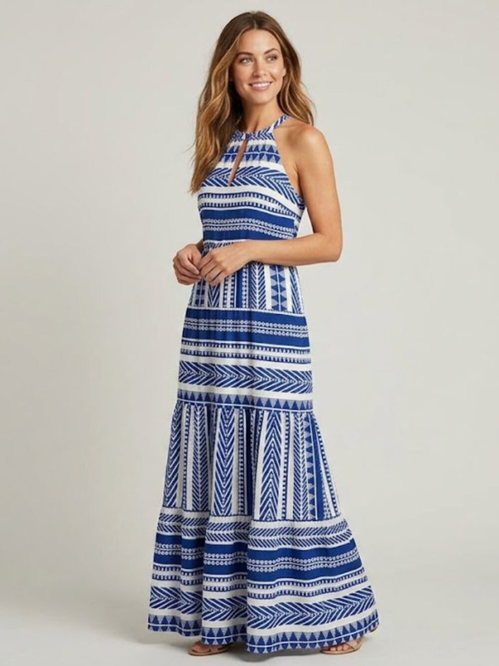 THML Blue & White Halter Tiered Maxi Dress Small